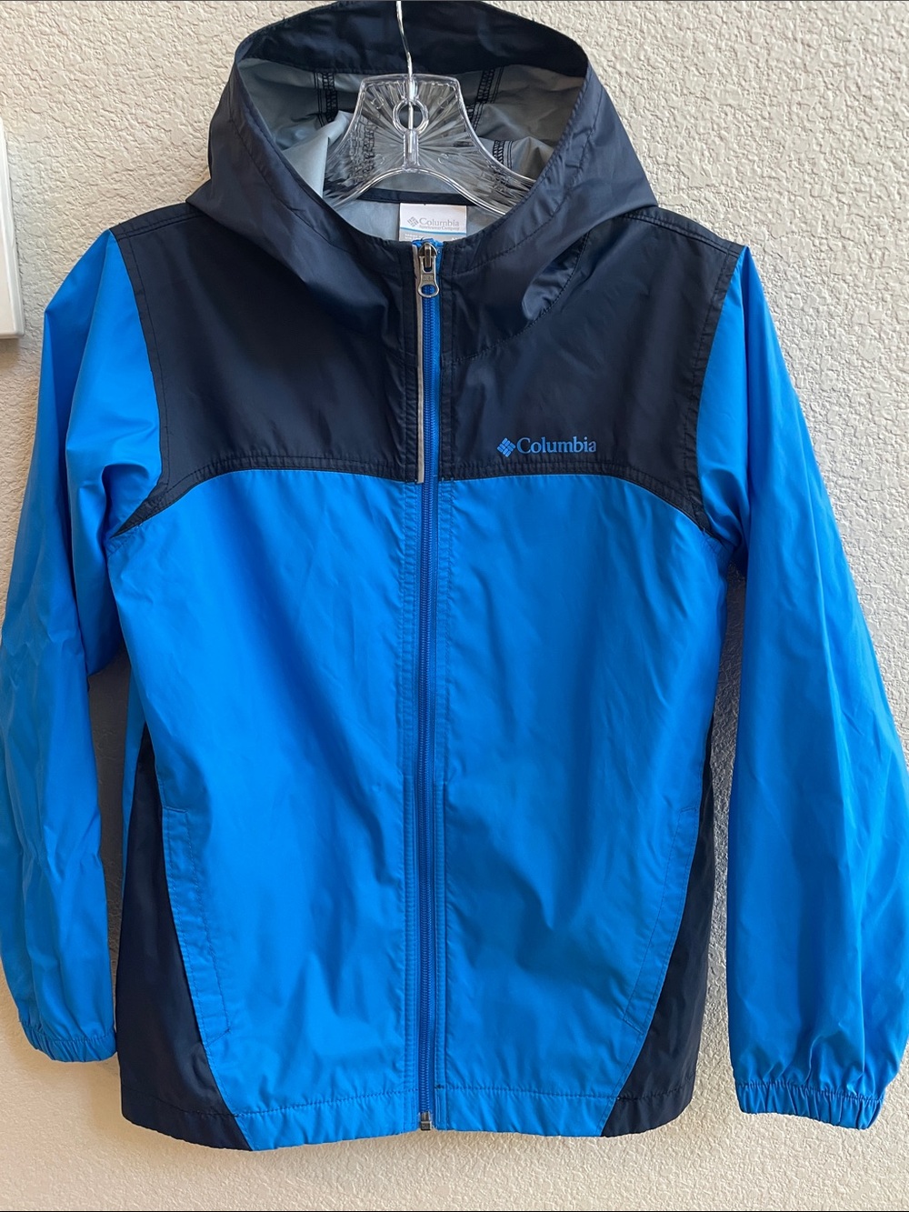 Youth Columbia Bright Blue and Black Hooded Rain Jacket